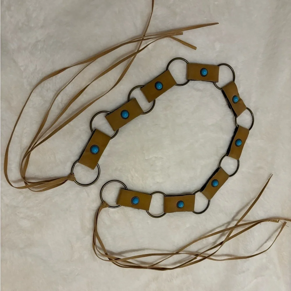 Women’s Tan Ring Belt with Turquoise Gems and Tie Waist